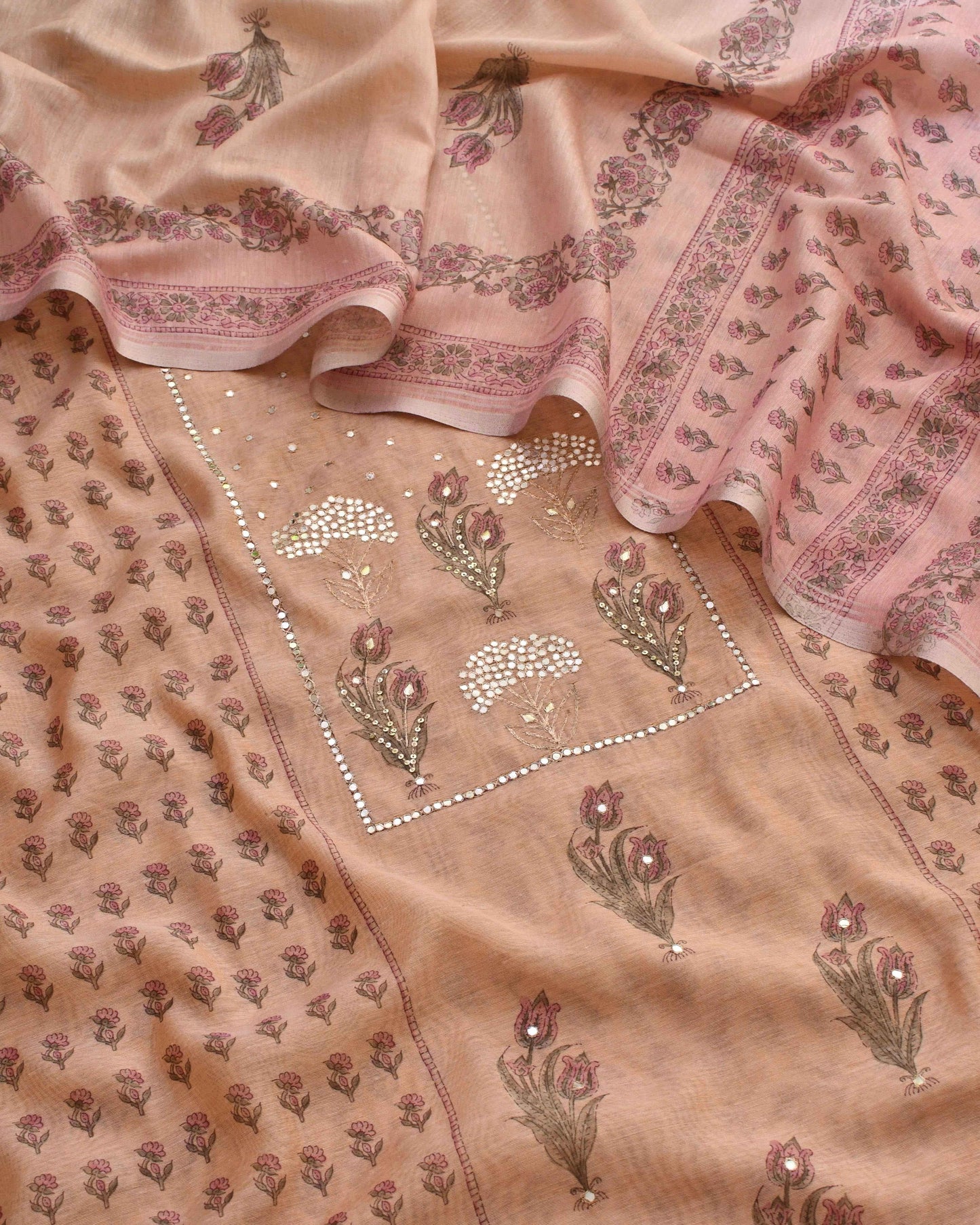 Premium Chanderi Silk Unstitched Suit Set with Elegant Mirror Work
