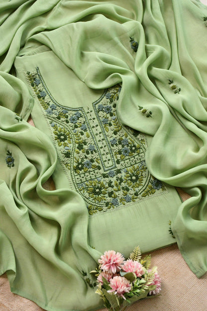 Pure Mul Chanderi Hand Embroidered unstitched Suit