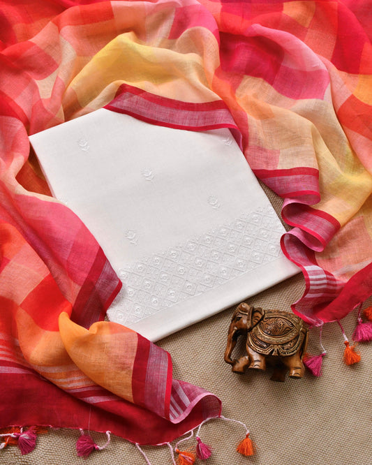 Pure White Linen Unstitched Suit with Sunset Checkered Linen Dupatta