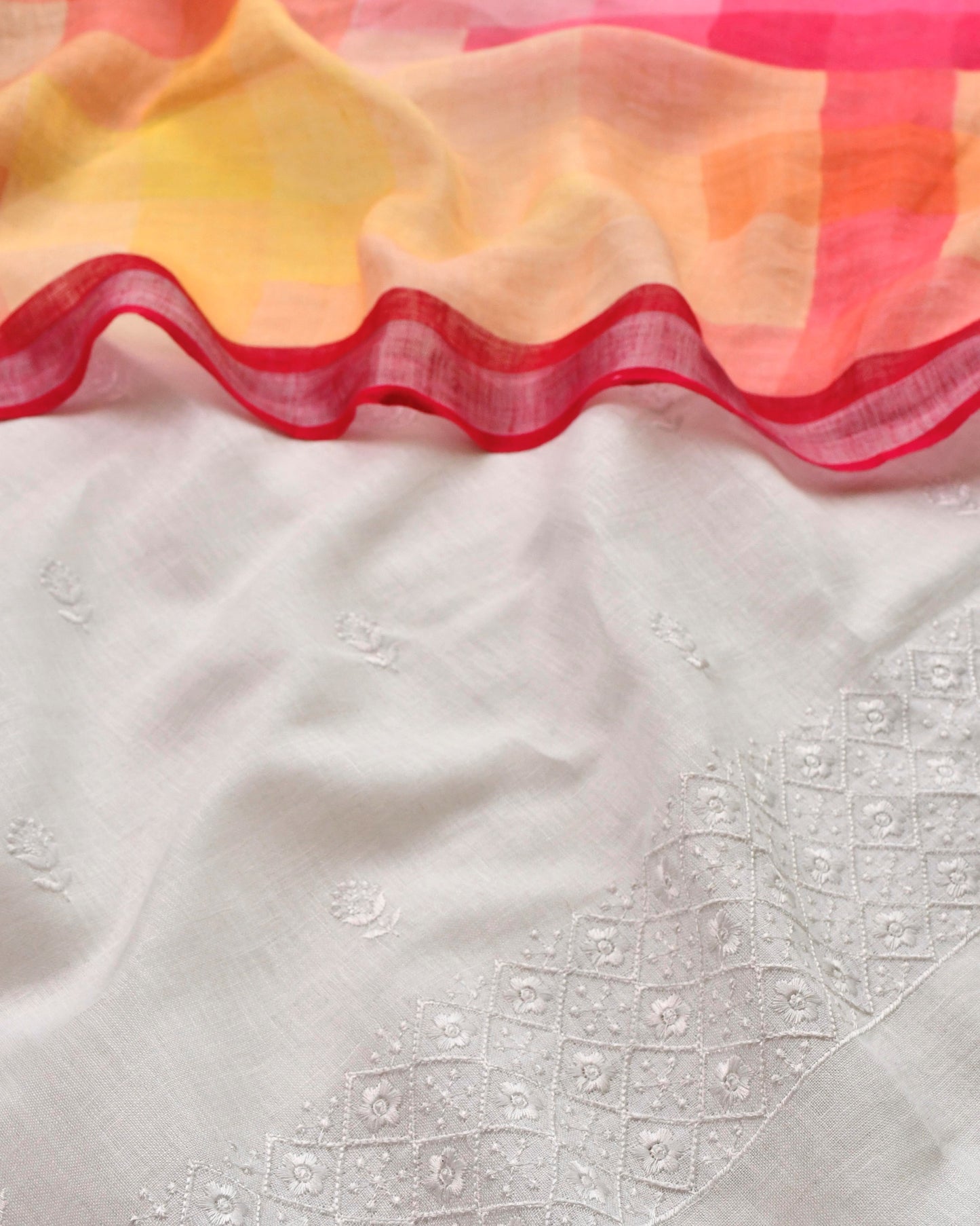 Pure White Linen Unstitched Suit with Sunset Checkered Linen Dupatta