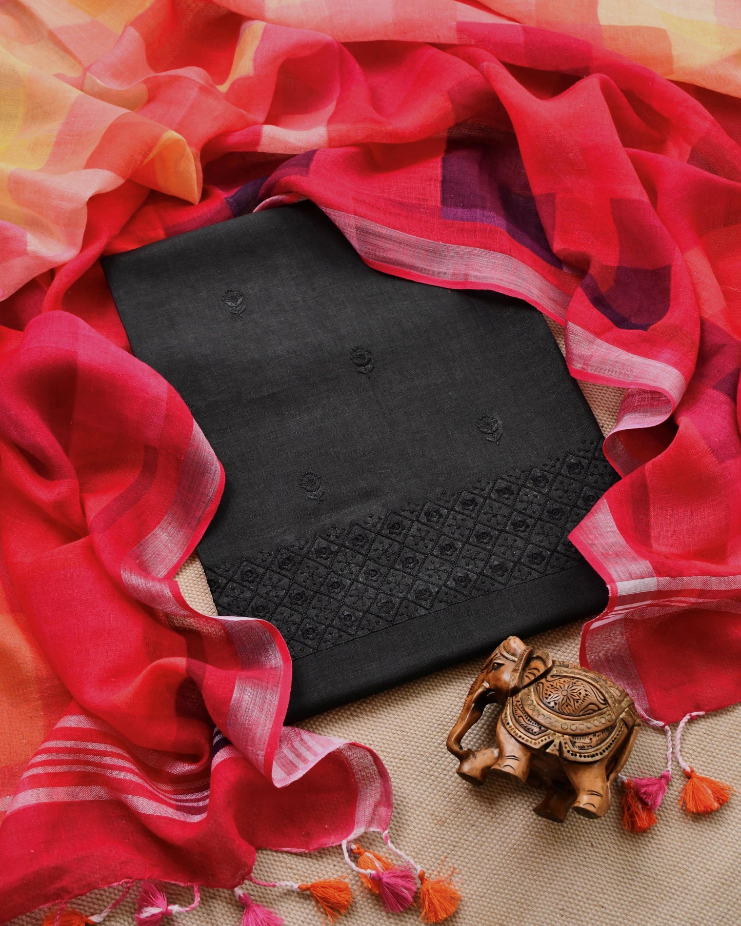 PureLinen Unstitched Suit with Sunset Checkered Linen Dupatta