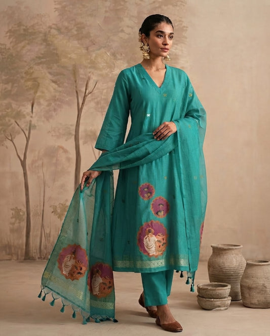 Premium Jamdani Weave Pichwai Unstitched Suit Set with Dupatta