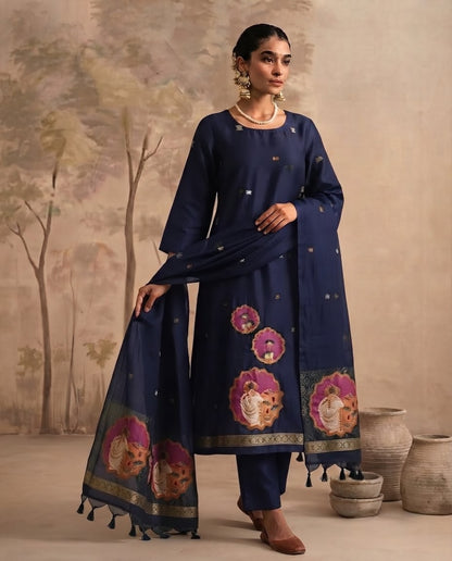 Premium Jamdani Weave Pichwai Unstitched Suit Set with Dupatta