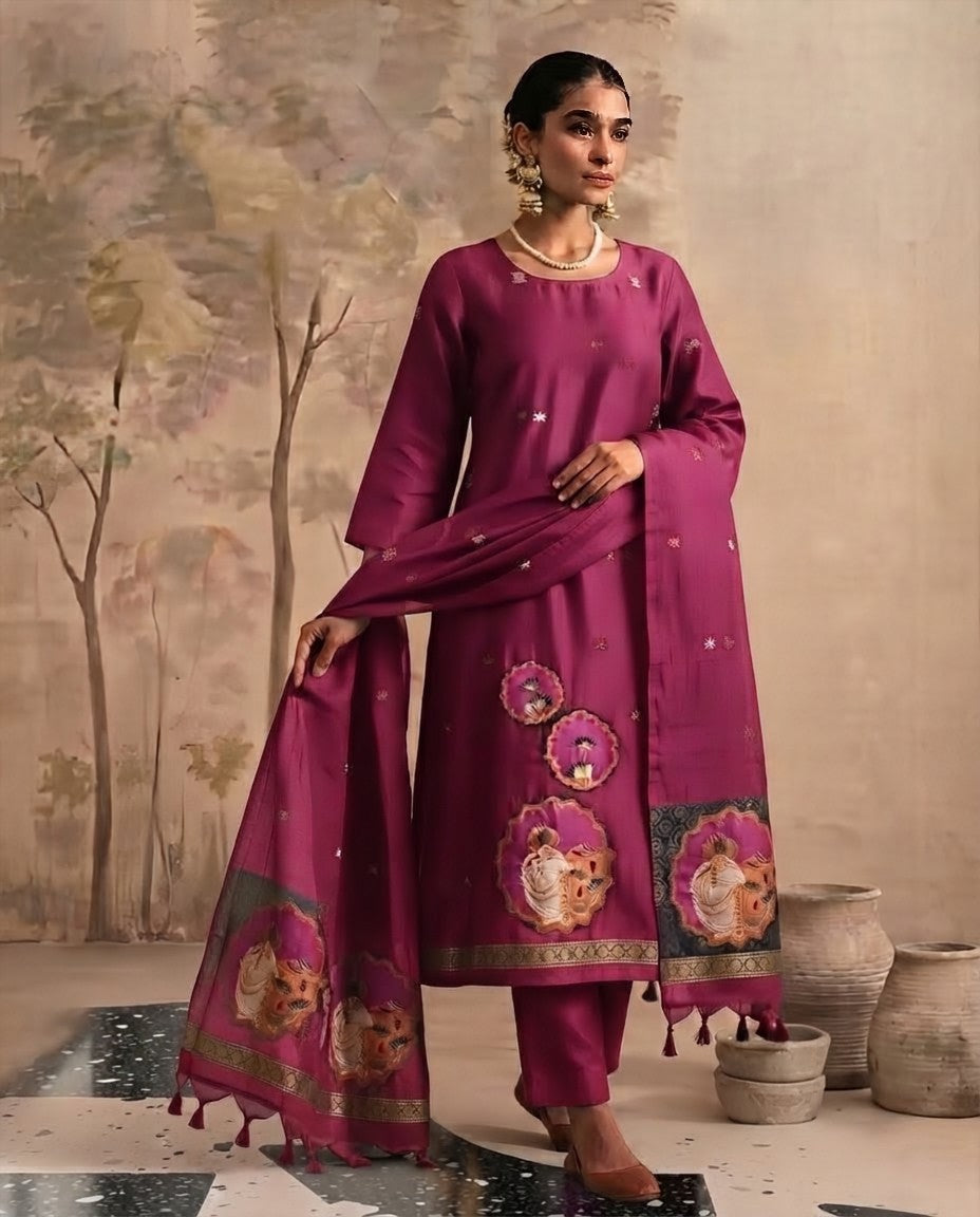 Premium Jamdani Weave Pichwai Unstitched Suit Set with Dupatta