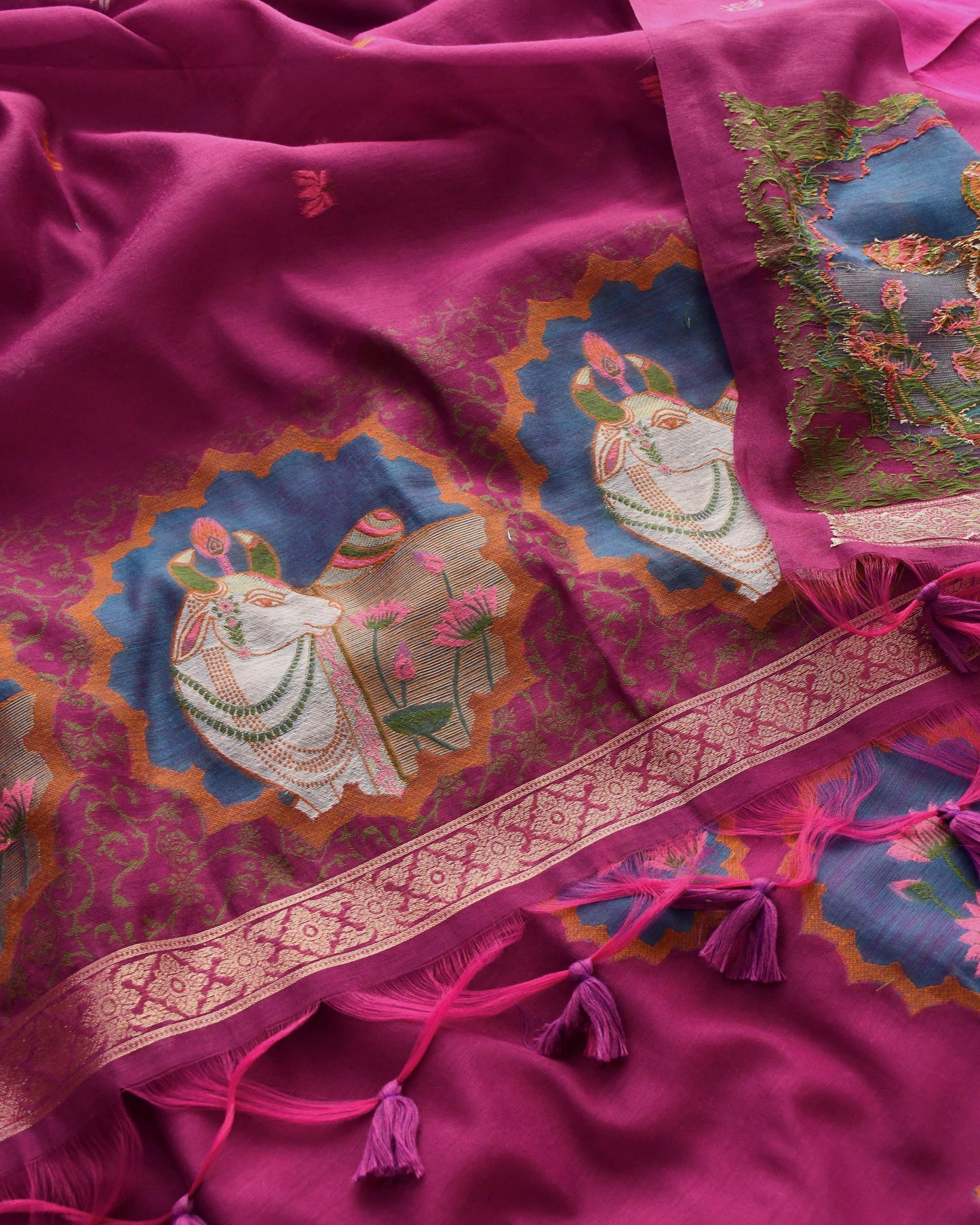 Premium Jamdani Weave Pichwai Unstitched Suit Set with Dupatta