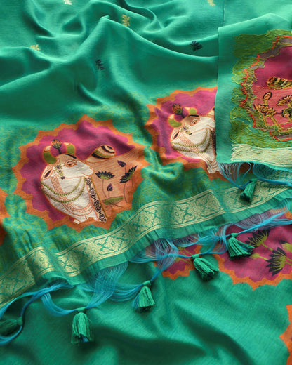 Premium Jamdani Weave Pichwai Unstitched Suit Set with Dupatta