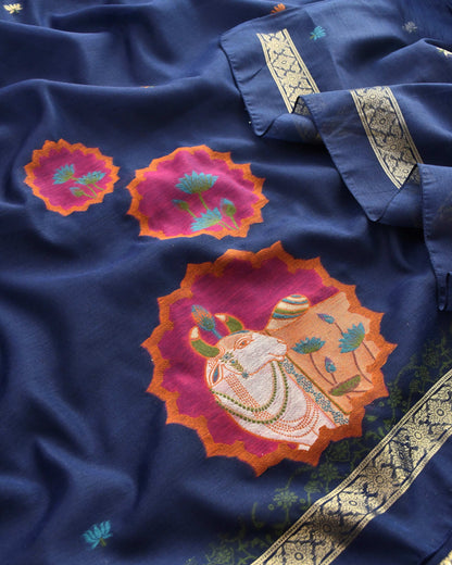 Premium Jamdani Weave Pichwai Unstitched Suit Set with Dupatta