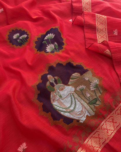 Premium Jamdani Weave Pichwai Unstitched Suit Set with Dupatta