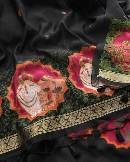 Premium Jamdani Weave Pichwai Unstitched Suit Set with Dupatta