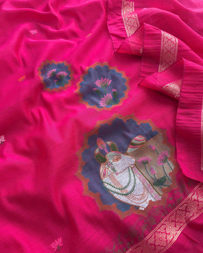Premium Jamdani Weave Pichwai Unstitched Suit Set with Dupatta