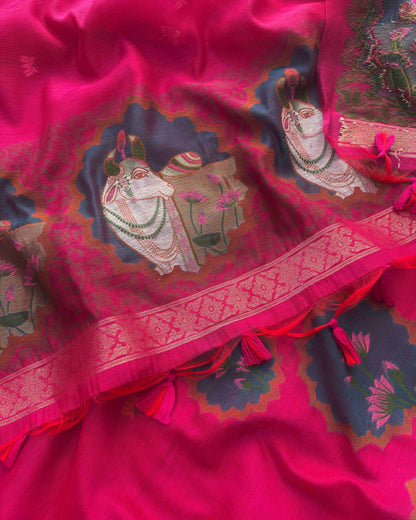 Premium Jamdani Weave Pichwai Unstitched Suit Set with Dupatta