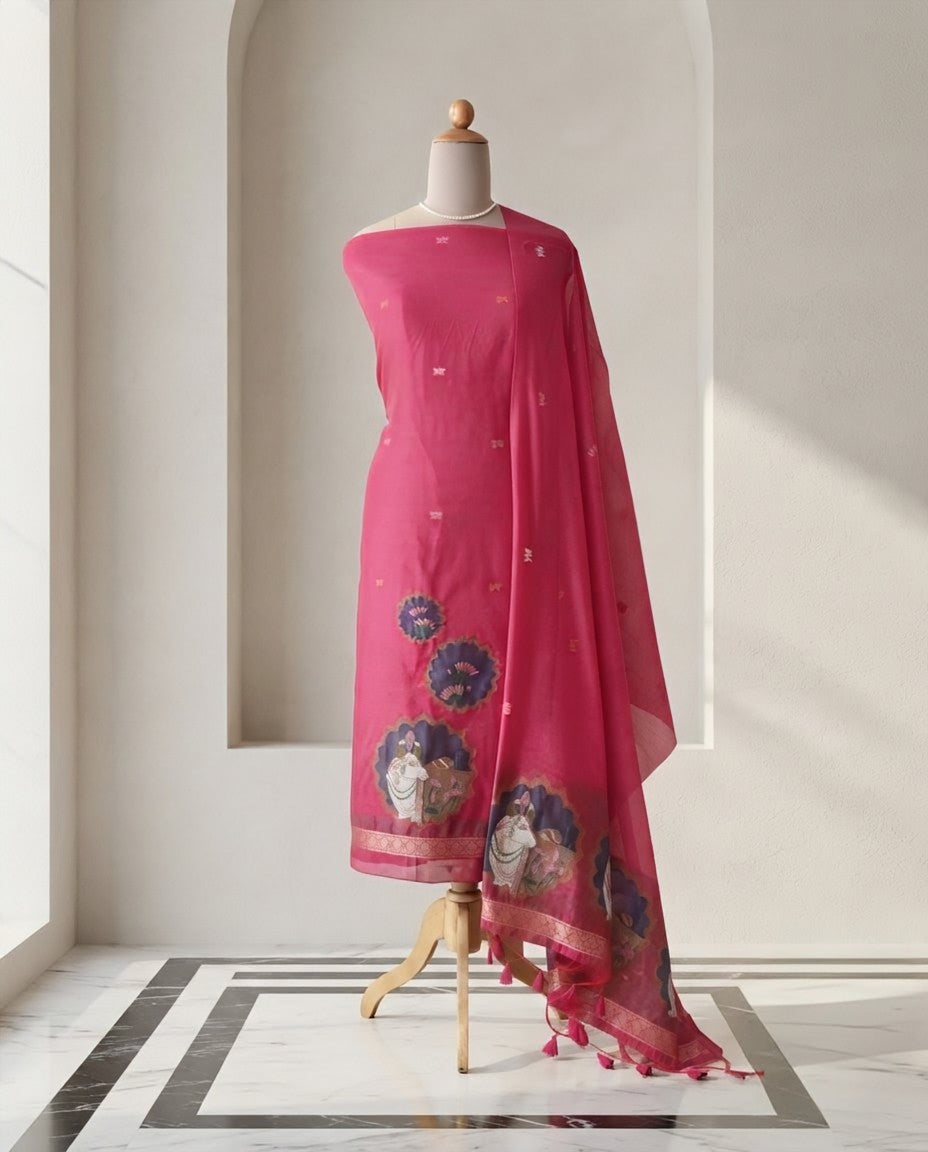 Premium Jamdani Weave Pichwai Unstitched Suit Set with Dupatta