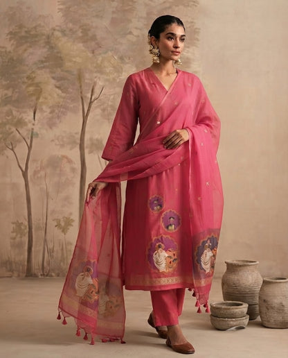 Premium Jamdani Weave Pichwai Unstitched Suit Set with Dupatta