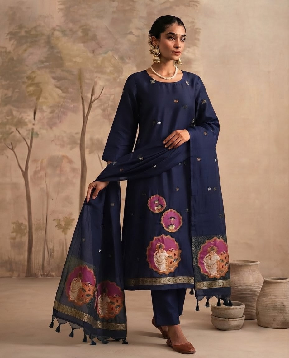 Premium Jamdani Weave Pichwai Unstitched Suit Set with Dupatta