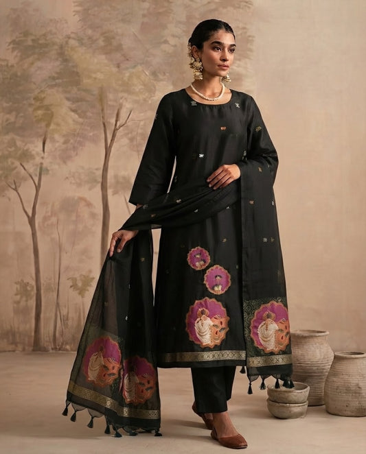 Premium Jamdani Weave Pichwai Unstitched Suit Set with Dupatta