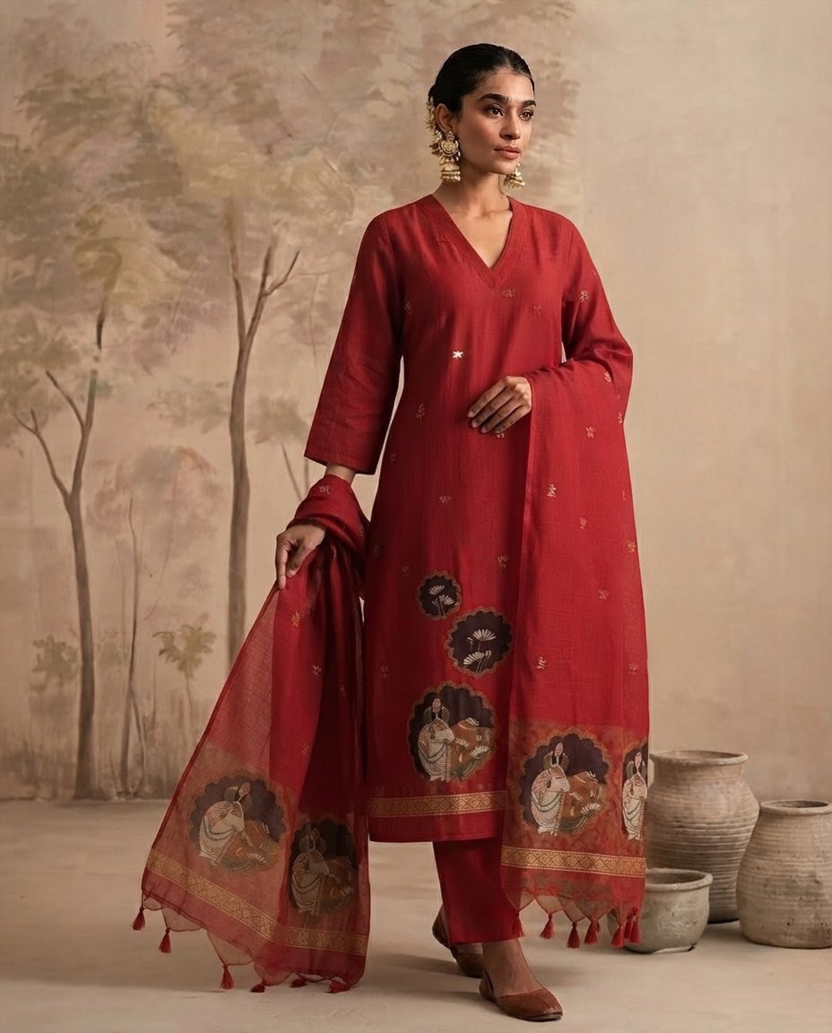 Premium Jamdani Weave Pichwai Unstitched Suit Set with Dupatta