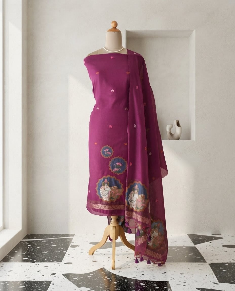 Premium Jamdani Weave Pichwai Unstitched Suit Set with Dupatta