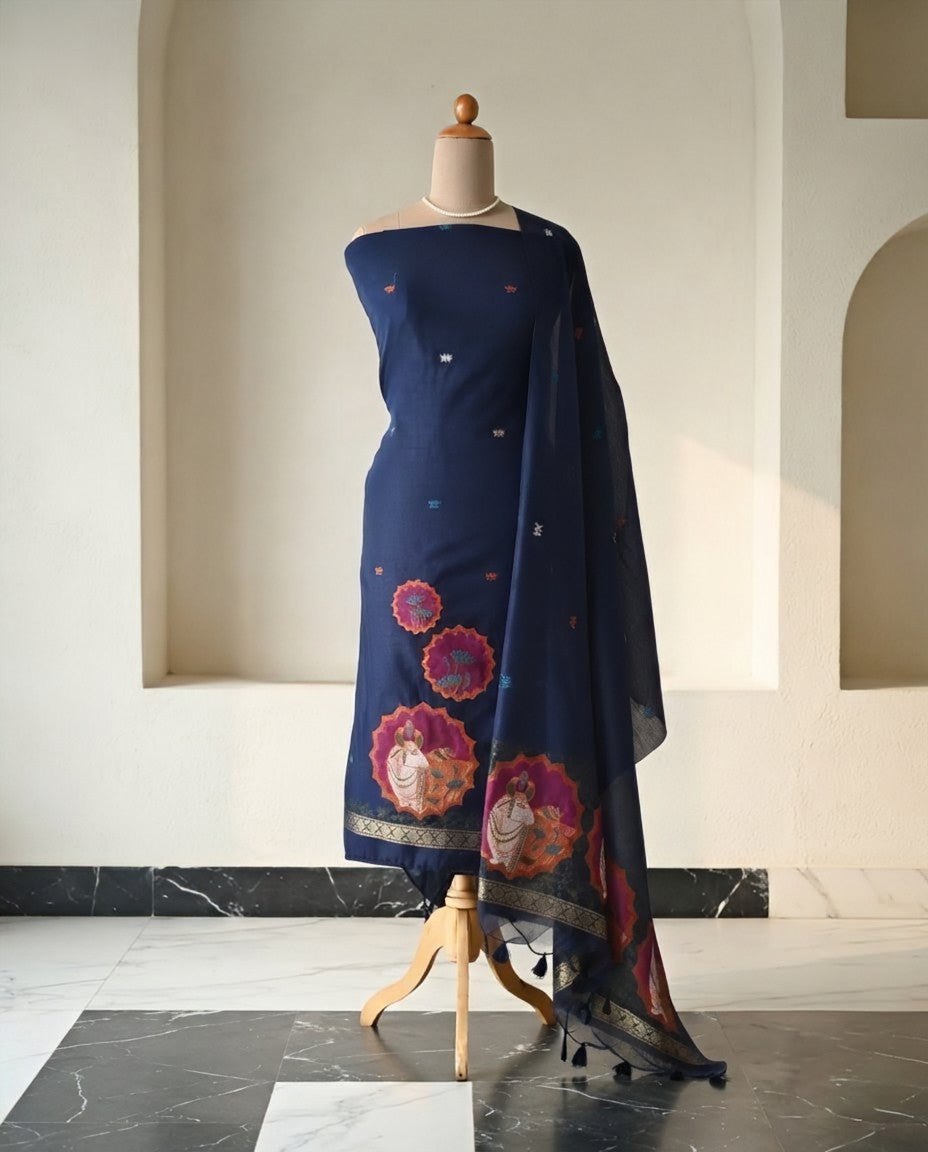 Premium Jamdani Weave Pichwai Unstitched Suit Set with Dupatta