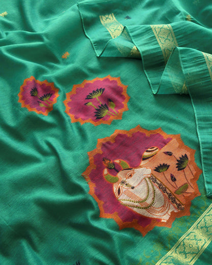 Premium Jamdani Weave Pichwai Unstitched Suit Set with Dupatta