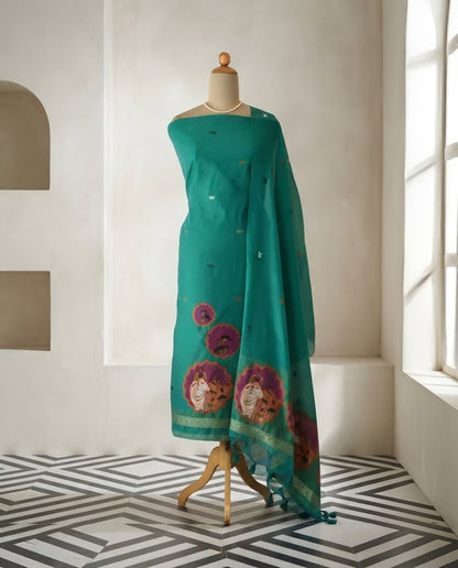 Premium Jamdani Weave Pichwai Unstitched Suit Set with Dupatta