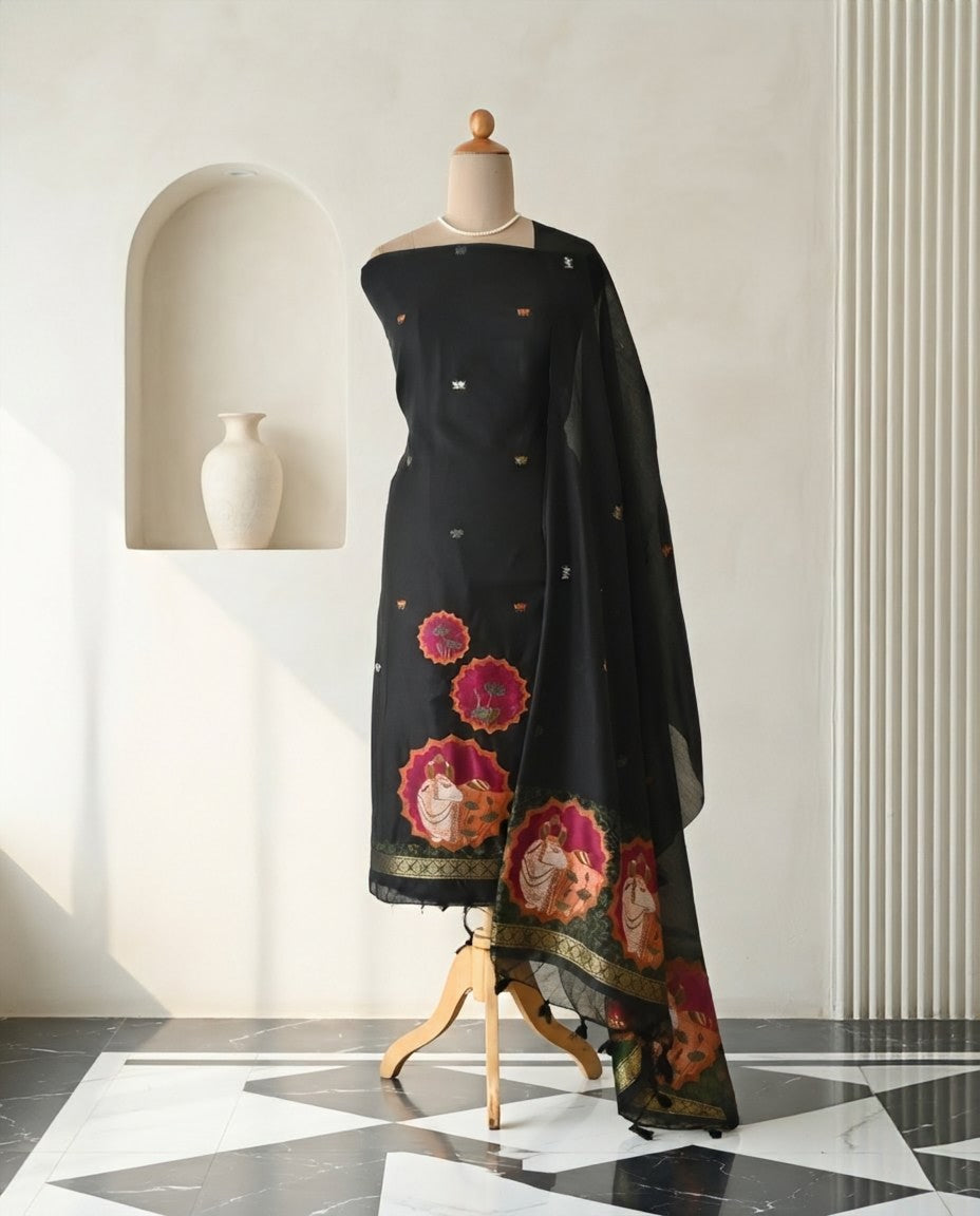 Premium Jamdani Weave Pichwai Unstitched Suit Set with Dupatta