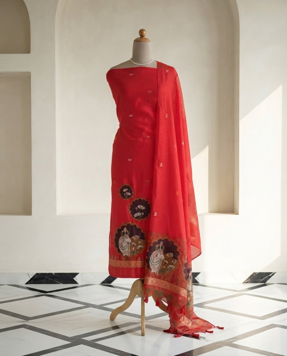 Premium Jamdani Weave Pichwai Unstitched Suit Set with Dupatta