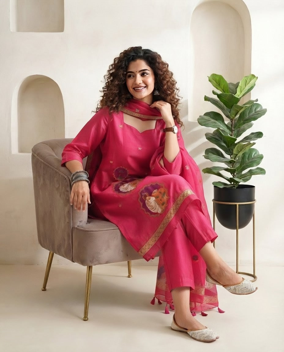 Premium Jamdani Weave Pichwai Unstitched Suit Set with Dupatta