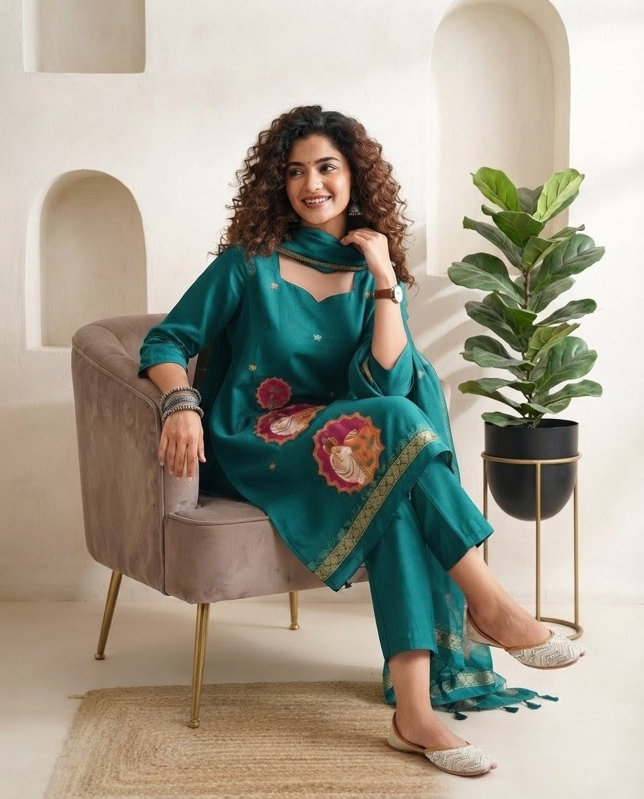 Premium Jamdani Weave Pichwai Unstitched Suit Set with Dupatta