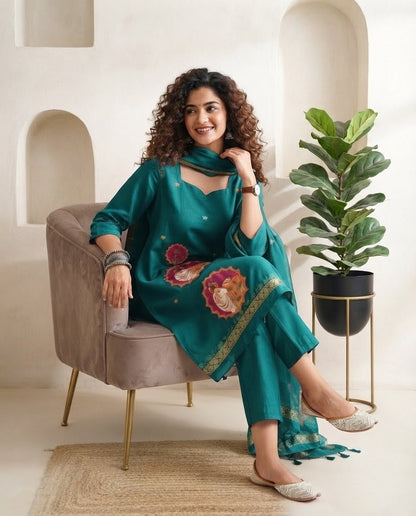 Premium Jamdani Weave Pichwai Unstitched Suit Set with Dupatta