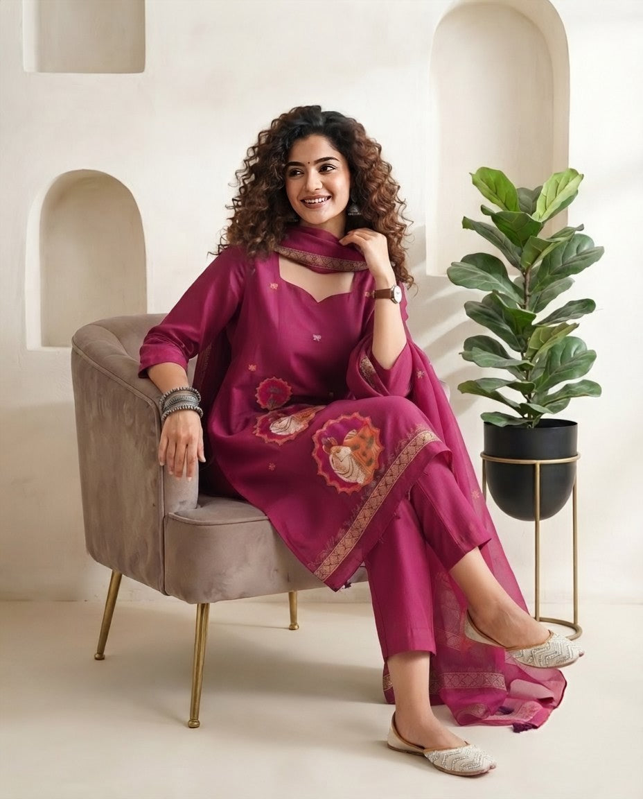 Premium Jamdani Weave Pichwai Unstitched Suit Set with Dupatta