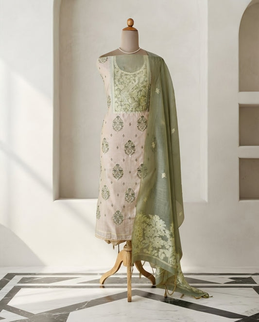 Hand Kantha Work & Jamdani Weave Unstitched Suit Set with Dupatta