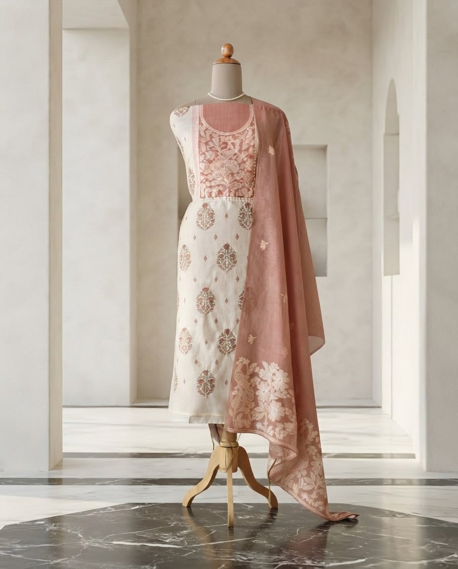 Hand Kantha Work & Jamdani Weave Unstitched Suit Set with Dupatta