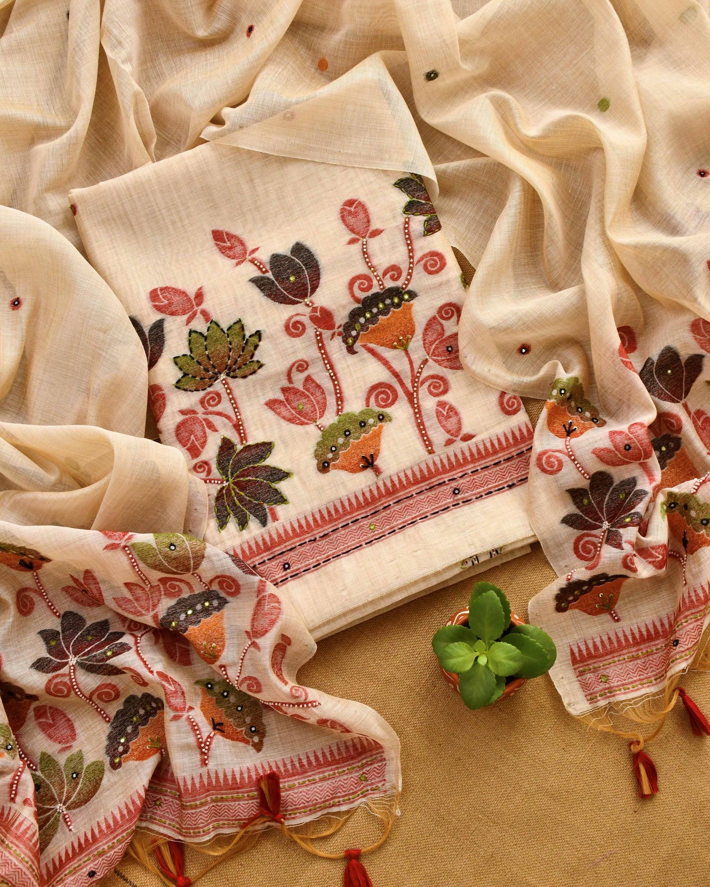 Exquisite Handcrafted Jamdani Weave Unstitched Suit Set with Mirror Work