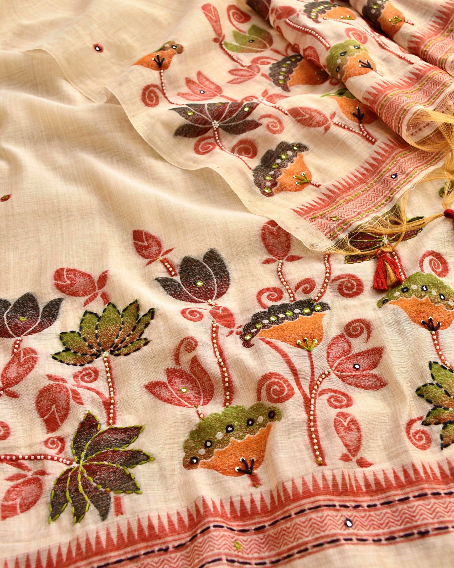 Exquisite Handcrafted Jamdani Weave Unstitched Suit Set with Mirror Work