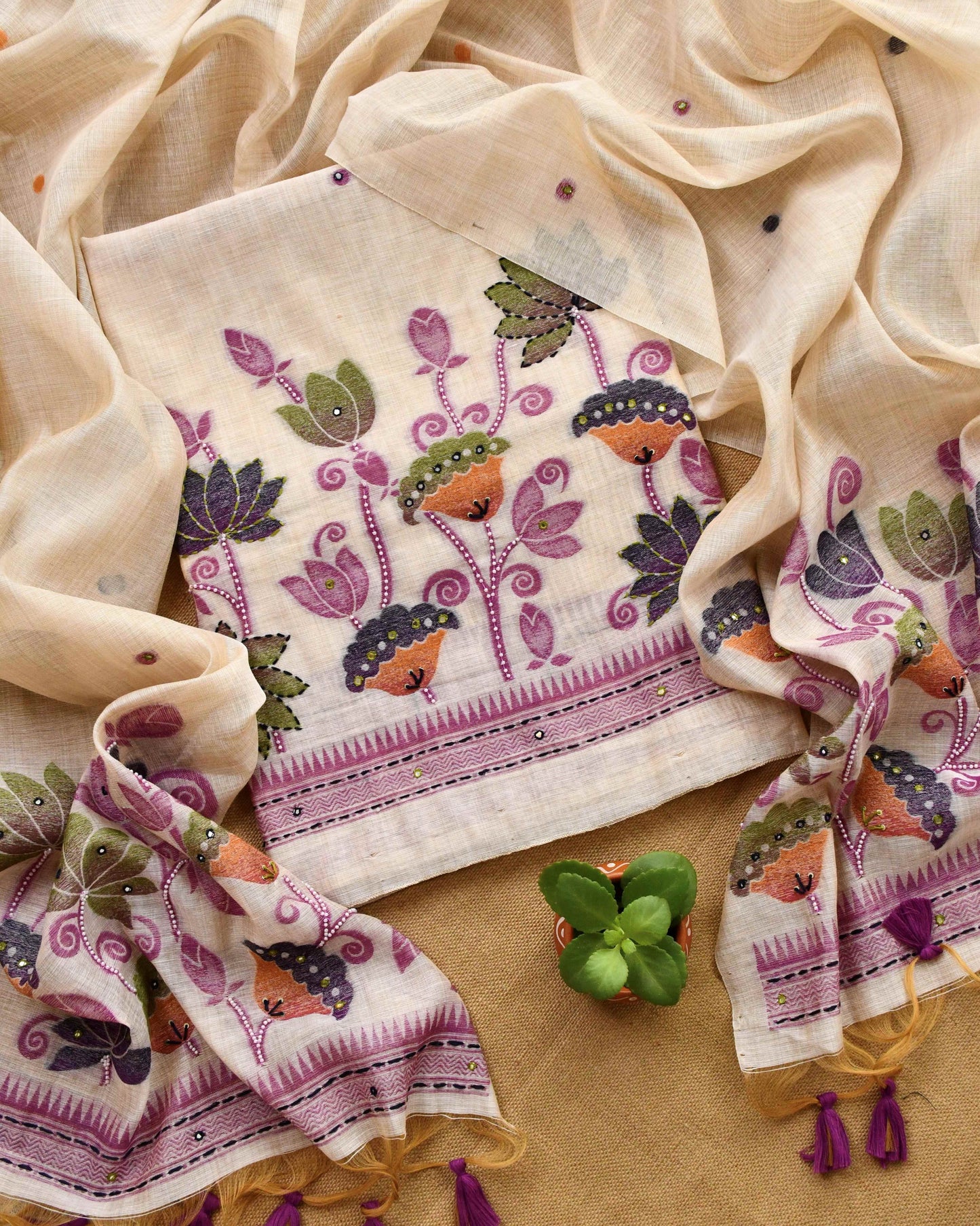 Exquisite Handcrafted Jamdani Weave Unstitched Suit Set with Mirror Work