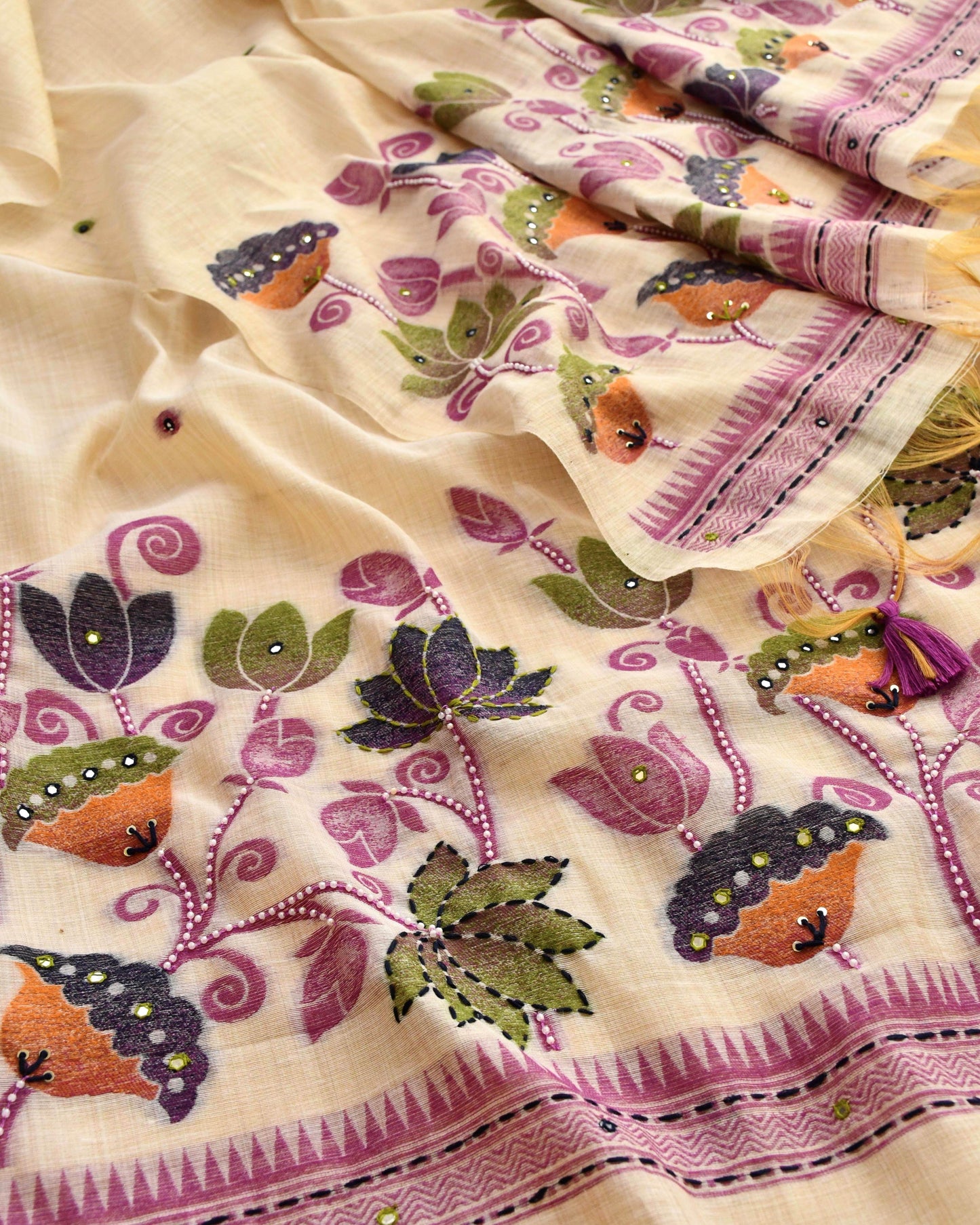 Exquisite Handcrafted Jamdani Weave Unstitched Suit Set with Mirror Work