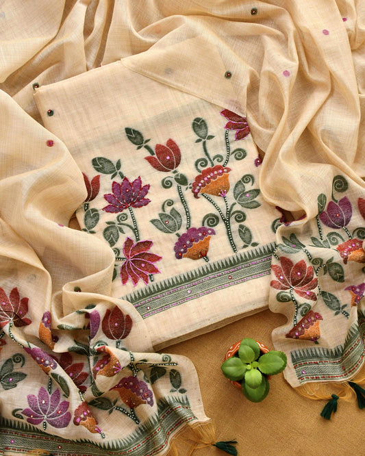 Exquisite Handcrafted Jamdani Weave Unstitched Suit Set with Mirror Work