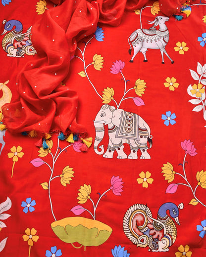 Kalamkari Maheshwari silk  Unstitched Suit