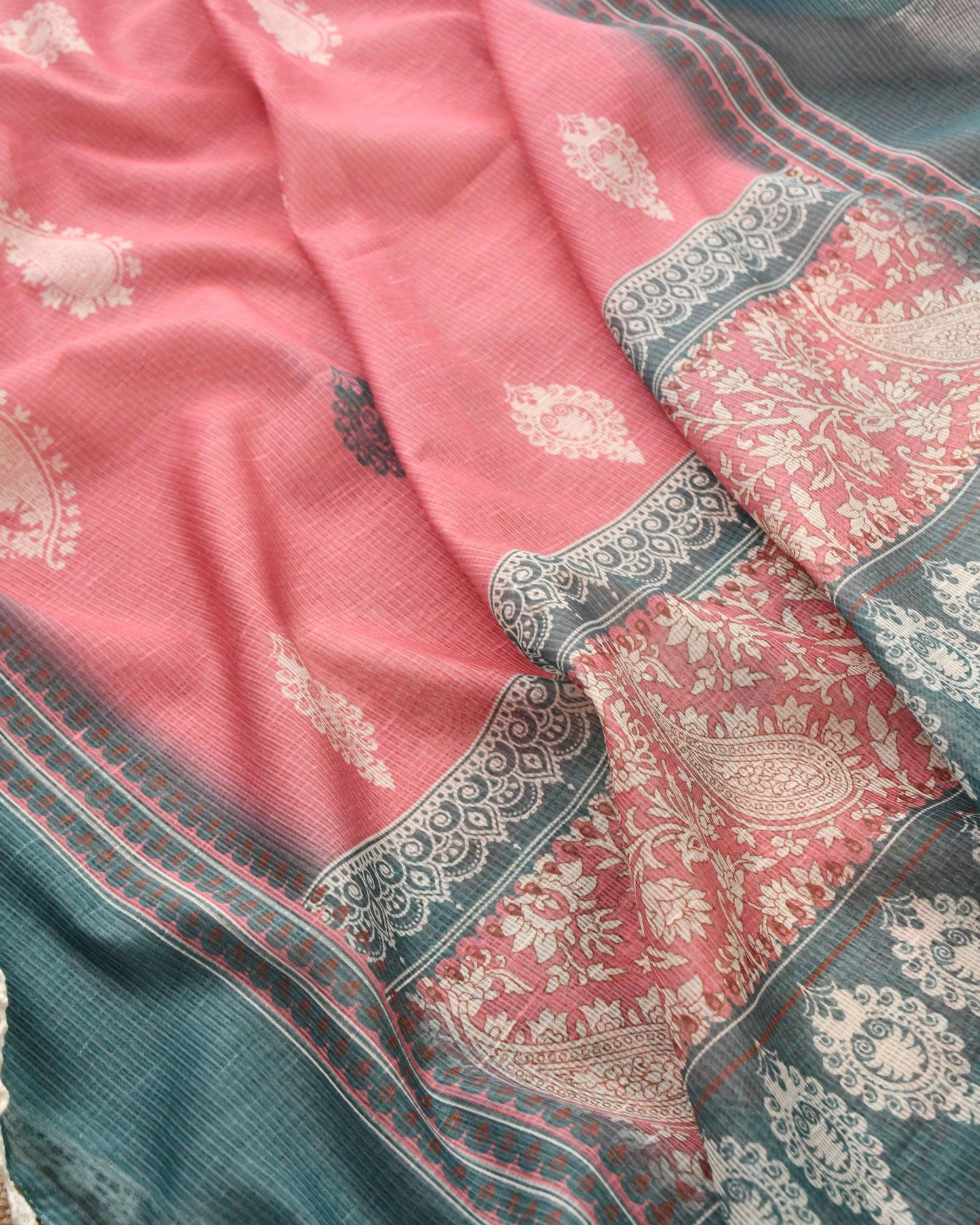 Designer Kota Doria Unstitched Suit Set – Floral Block Print with Elegant Crochet Lace