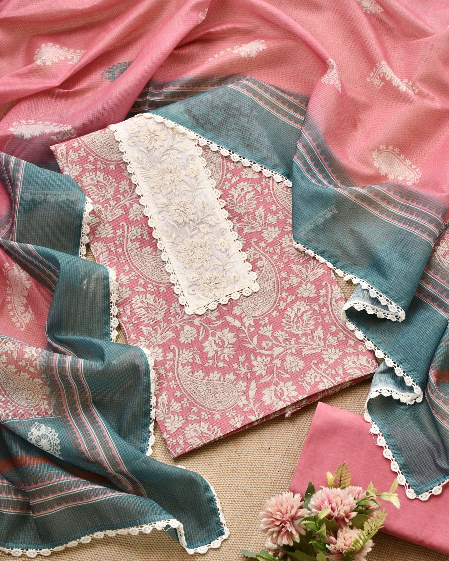 Designer Kota Doria Unstitched Suit Set – Floral Block Print with Elegant Crochet Lace