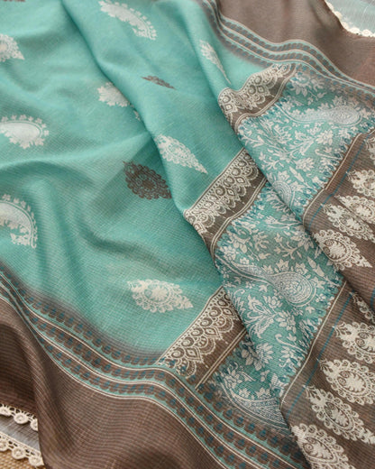 Designer Kota Doria Unstitched Suit Set – Floral Block Print with Elegant Crochet Lace