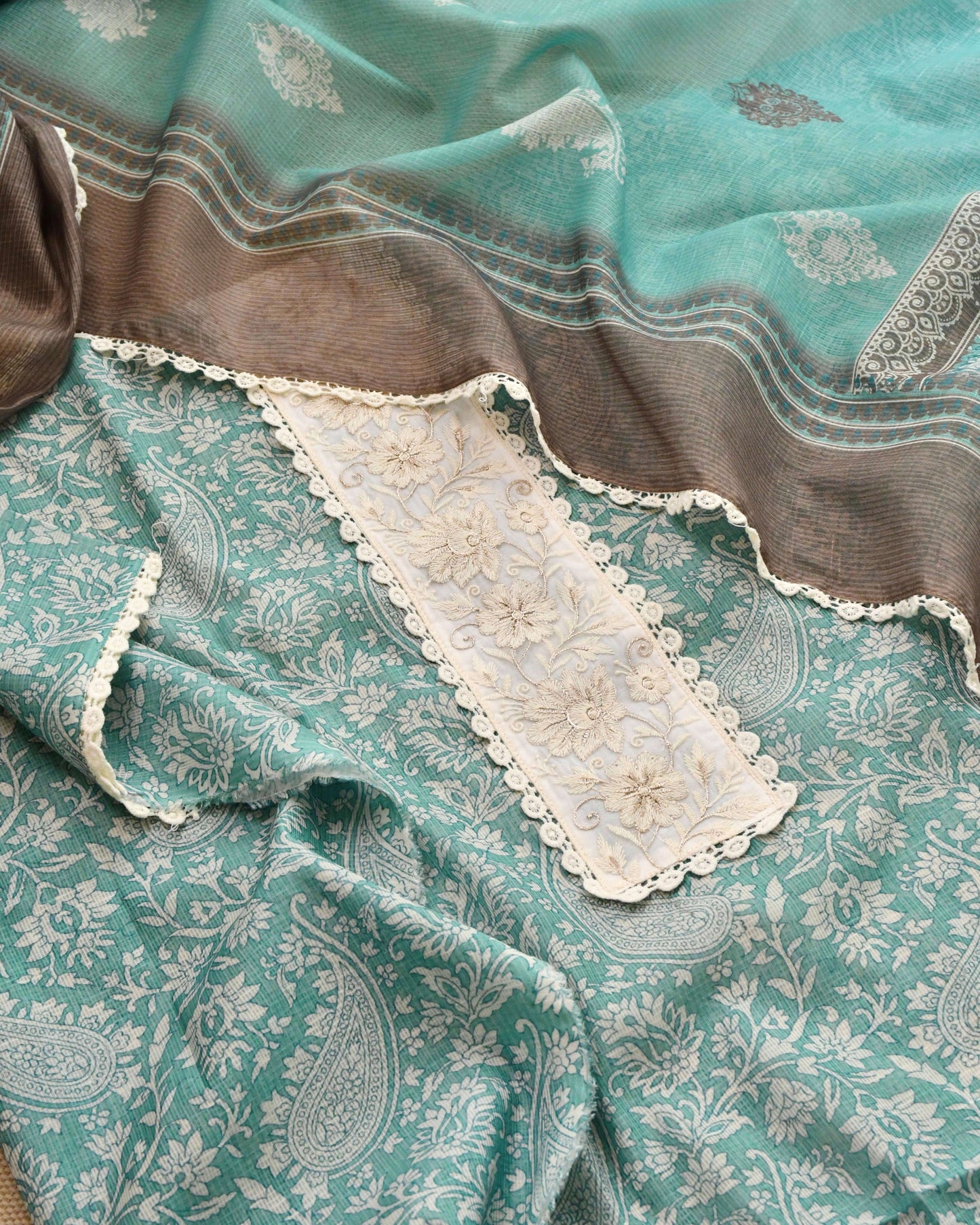 Designer Kota Doria Unstitched Suit Set – Floral Block Print with Elegant Crochet Lace