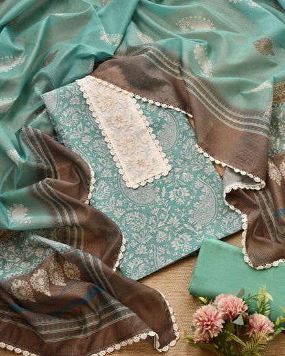 Designer Kota Doria Unstitched Suit Set – Floral Block Print with Elegant Crochet Lace