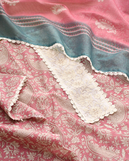 Designer Kota Doria Unstitched Suit Set – Floral Block Print with Elegant Crochet Lace