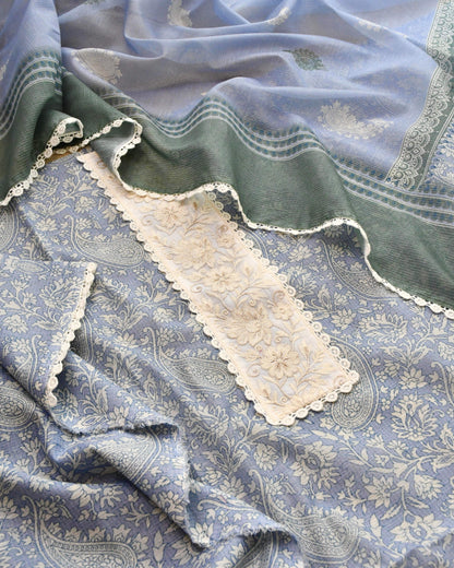 Designer Kota Doria Unstitched Suit Set – Floral Block Print with Elegant Crochet Lace