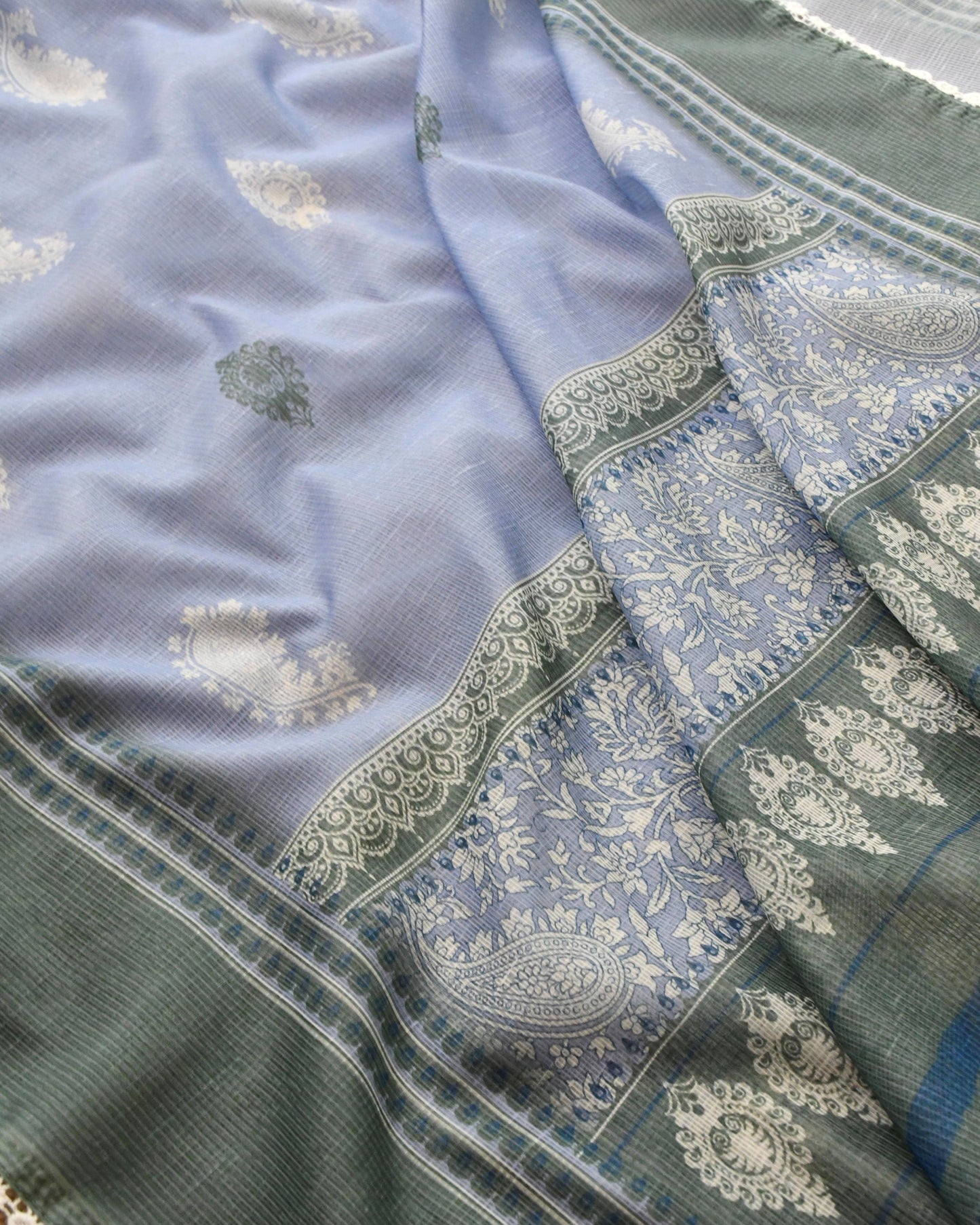 Designer Kota Doria Unstitched Suit Set – Floral Block Print with Elegant Crochet Lace