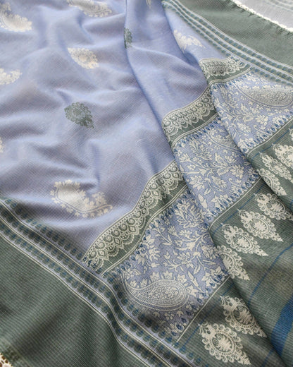 Designer Kota Doria Unstitched Suit Set – Floral Block Print with Elegant Crochet Lace