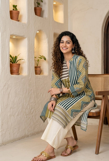 Modal Muslin Geometric Printed Kurta with Cream Straight Pants - 2 Piece Set