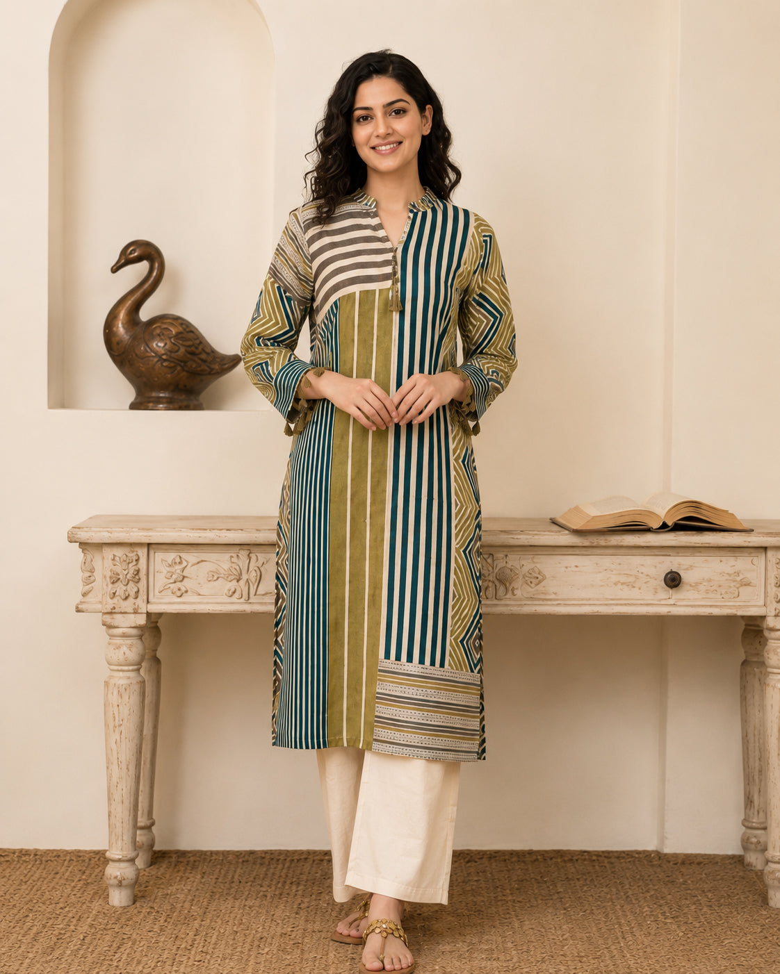 Modal Muslin Geometric Printed Kurta with Cream Straight Pants - 2 Piece Set