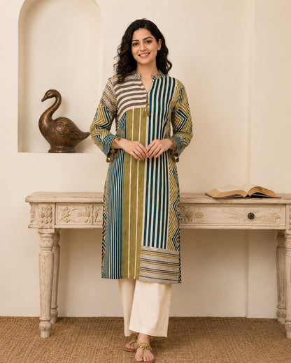 Modal Muslin Geometric Printed Kurta with Cream Straight Pants - 2 Piece Set